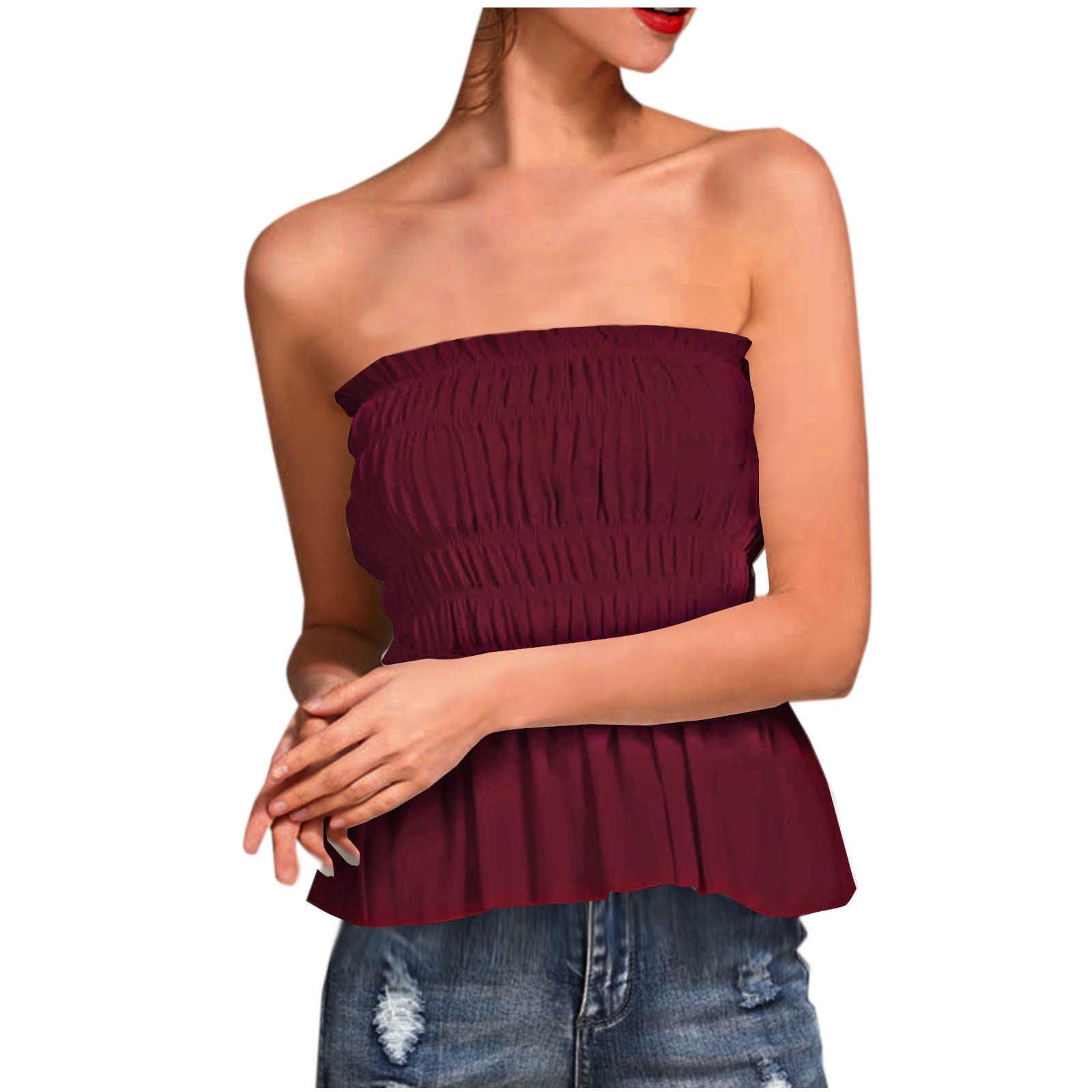 smocked peplum tube top