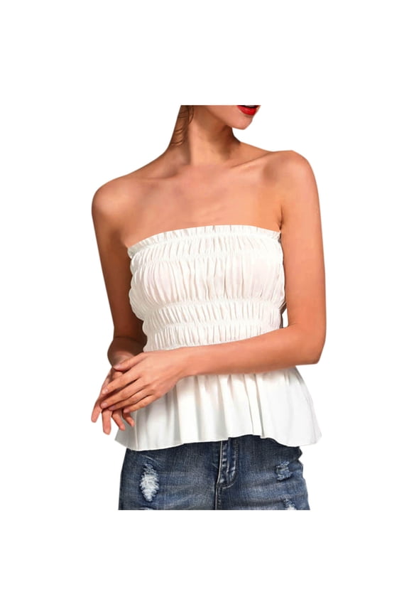 2024 Womens Strapless Smocked Tube Top Soft Stretchy Pleated Peplum Bandeau Blouse Tank Frill Shirred Ruffle Hem Sleeveless Summer Y2K Tops White