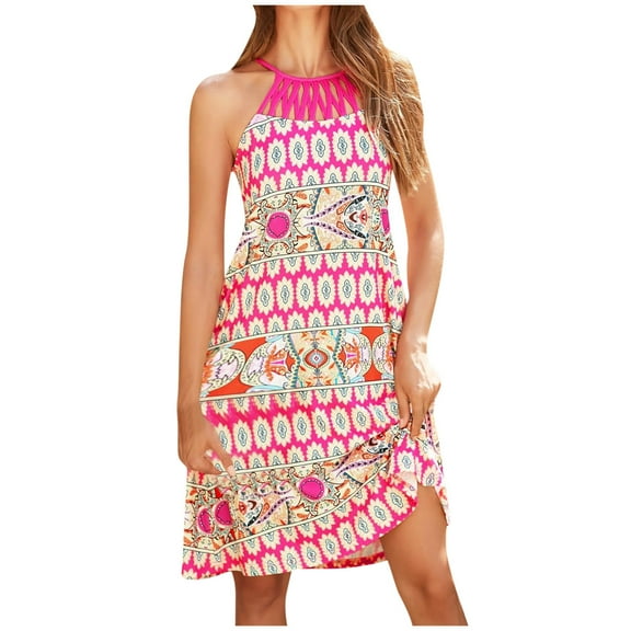 Lovskoo 2024 Womens Summer Casual Halter Mini Dress Crochet Hollow Out Sleeveless A-Line Floral Boho Beach Sundresses Pink L