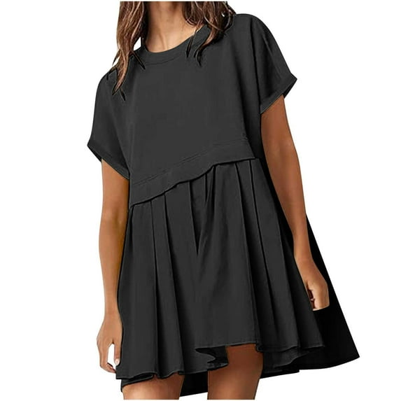 Lovskoo 2024 Womens Summer Crew Neck Short Sleeve Dress Solid Ruffle A Line Pleated Beach Boho Long Mini Dress with Pockets Black S