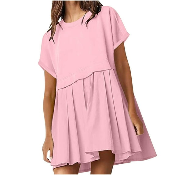 Lovskoo 2024 Womens Summer Crew Neck Short Sleeve Dress Solid Ruffle A Line Pleated Beach Boho Long Mini Dress with Pockets Pink XL