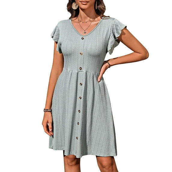 Lovskoo 2024 Womens Summer Dresses Boho V Neck Solid Color Ruffle Short Sleeve Button Mini Dress Cute Smocked Waist Short Dress Green M