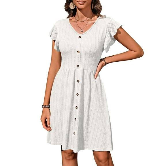 Lovskoo 2024 Womens Summer Dresses Boho V Neck Solid Color Ruffle Short Sleeve Button Mini Dress Cute Smocked Waist Short Dress White XL