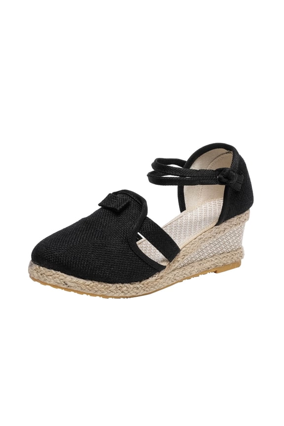 Womens Summer Espadrilles Wedge Sandals Platform Closed Toe Ankle Buckle Strap Lace Up Shoes Black
