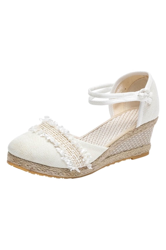 Womens Summer Espadrilles Wedge Sandals Platform Closed Toe Ankle Strap Lace Up Shoes White