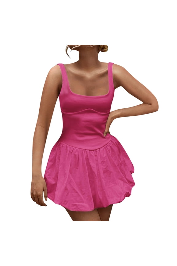 2024 Womens Summer Flowy Mini Tank Dress Spaghetti Straps Babydoll Dress Casual Puffy Beach A-Line Skater Swing Sundress Hot Pink L
