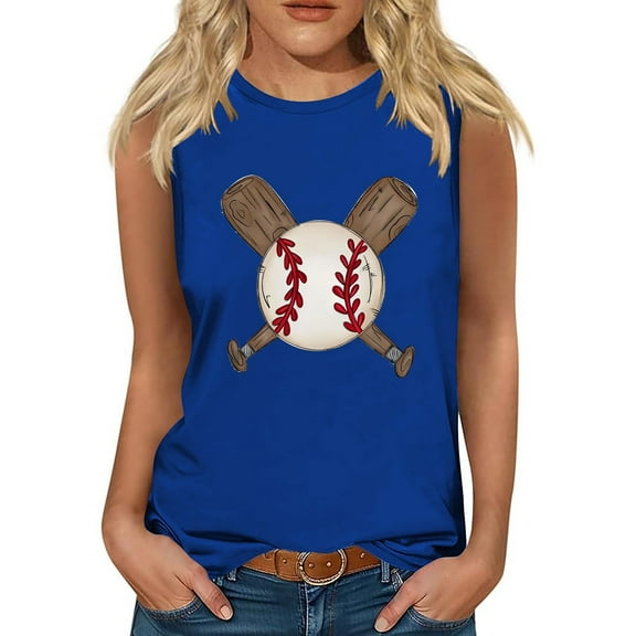 Lovskoo 2024 Womens Summer Graphic Tops Sleeveless Round Neck Tank Tops Cute Printed Yoga Running Tee Shirts Blue S