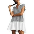 thumbnail image 1 of Lovskoo 2024 Womens Summer Sweatshirt Dresses Roll Up Short Sleeve V Neck Button Lapel Casual Oversized Patchwork Mini Dress Gray XL, 1 of 8