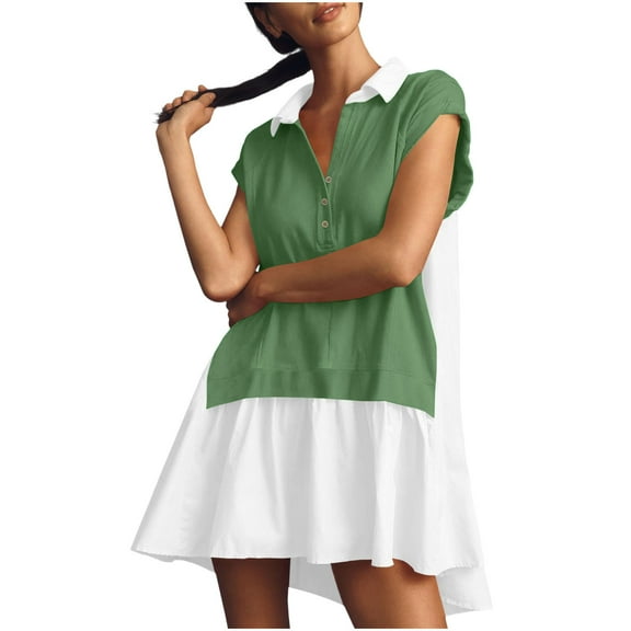 Lovskoo 2024 Womens Summer Sweatshirt Dresses Roll Up Short Sleeve V Neck Button Lapel Casual Oversized Patchwork Mini Dress Olive Green 2XL