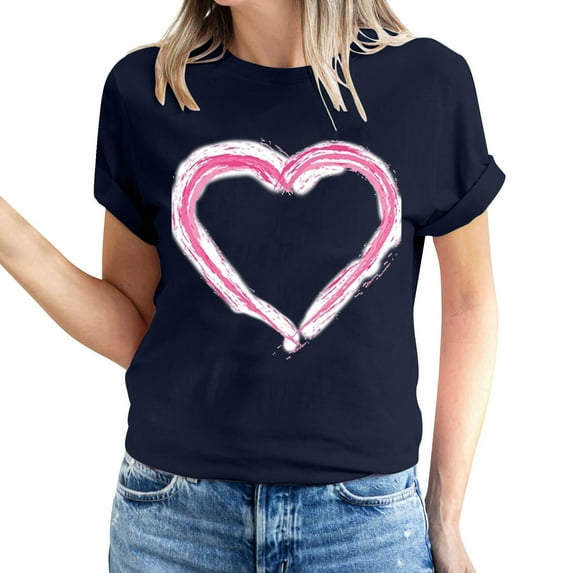 Lovskoo 2024 Womens Summer Tops Round Neck Short Sleeve Tunics Shirts Valentine's Day Heart Printed T-Shirt Top Top/Shirt Navy