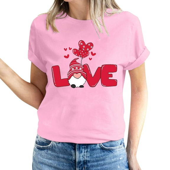 Lovskoo 2024 Womens Summer Tops Round Neck Short Sleeve Tunics Shirts Valentine's Day Heart Printed T-Shirt Top Top/Shirt Pink