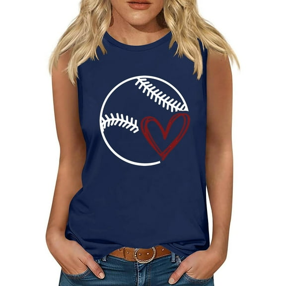 Lovskoo 2024 Womens Summer Tops Sleeveless Round Neck Tank Tops Cute Graphic Printed Yoga Running Tee Shirts Navy S