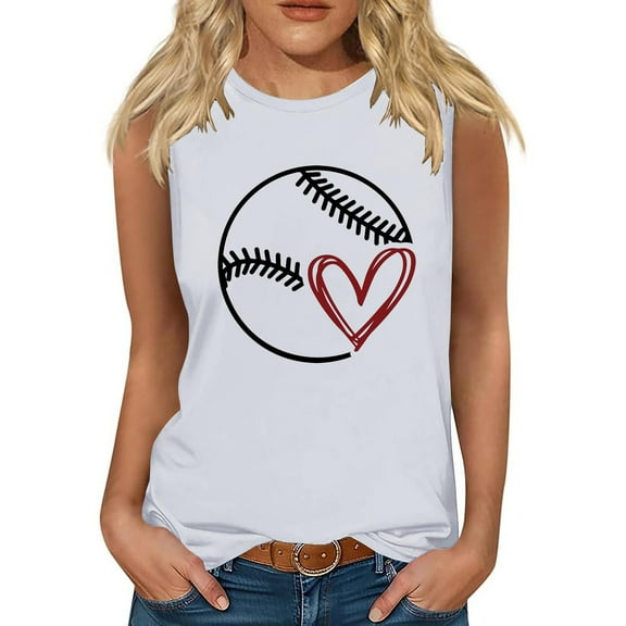 Lovskoo 2024 Womens Summer Tops Sleeveless Round Neck Tank Tops Cute Graphic Printed Yoga Running Tee Shirts White