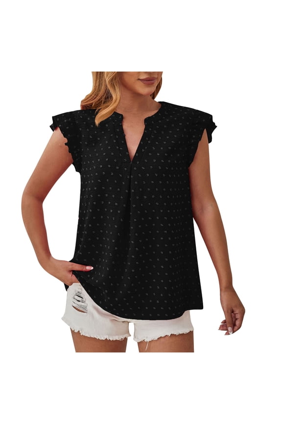 2024 Womens Summer Tops Swiss Dot V Neck Ruffle Cap Short Sleeve Swiss Dot Dressy Blouses Casual Tunics Tee Black L