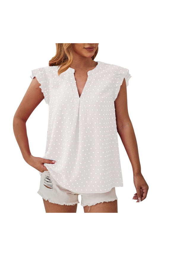 Womens Summer Tops Swiss Dot V Neck Ruffle Cap Short Sleeve Swiss Dot Dressy Blouses Casual Tunics Tee White M