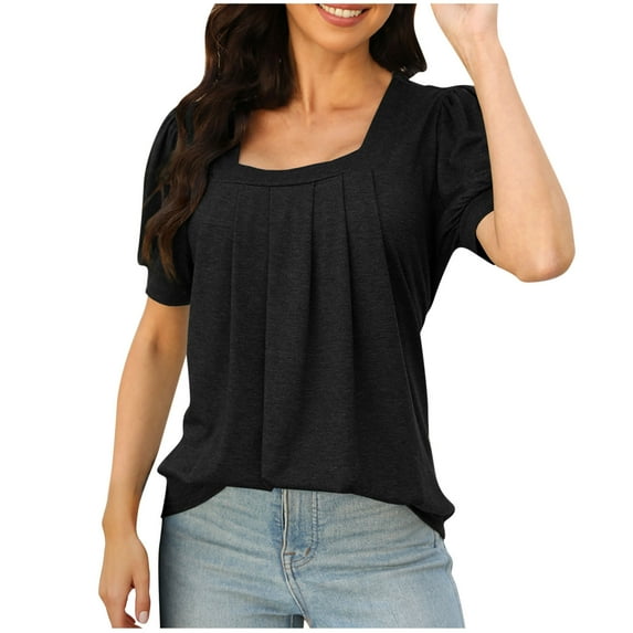Lovskoo 2024 Womens T Shirts Pleated Dressy Casual Short Sleeve Scoop Neck Summer Tunic Tops T-Shirts for Work Black 2XL