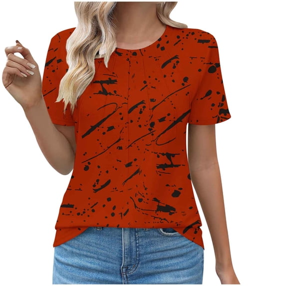Lovskoo Womens T Shirts Short Sleeve Pleated Dressy Casual Round Neck Printed Pullover Trendy Spring Summer Top Red 3XL