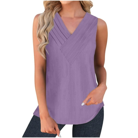 Lovskoo 2024 Womens Tank Tops Dressy Sleeveless Pleated Work Blouses Business Casual Tank Shirts V Neck Cami Summer Basic Vest Purple XL