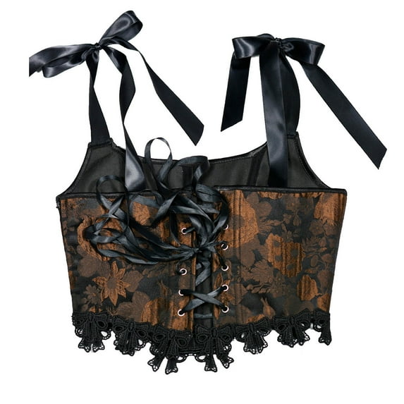 Lovskoo 2024 Womens Vintage 1920S Renaissance Corset Tops Lace Trim Tie Shoulder Floral Camisole Crop Tops Halloween Cosplay Overbust Corset Bustier Tops Brown