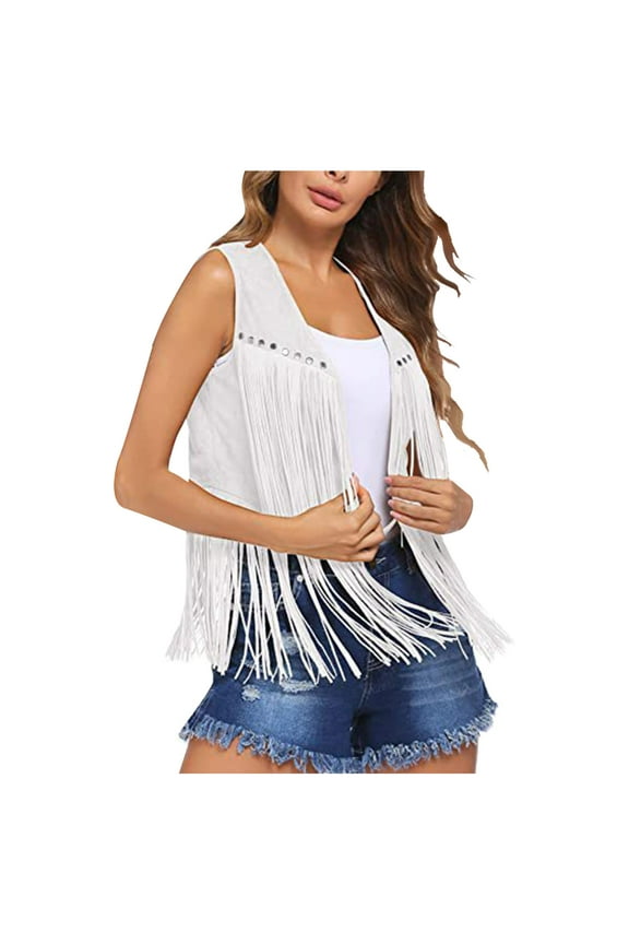 2024 Womens Vintage Western Fringe Vest Tops Classic Suede Leather 70S Cowboy Shirt Sleeveless Tassels Cardigan Jackets White
