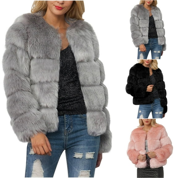 Lovskoo 2024 Womens Winter Coats Cropped Faux Fur Jacket Thick Warm Open Front Cardigan Furry Long Sleeve Outerwear Black