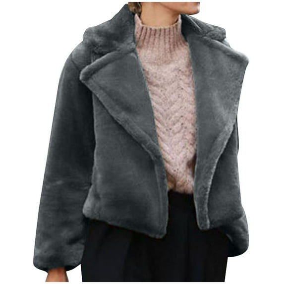 Lovskoo 2024 Womens Winter Coats Cropped Faux Fur Jacket Thick Warm Open Front Cardigan Solid Long Sleeve Outerwear Dark Gray