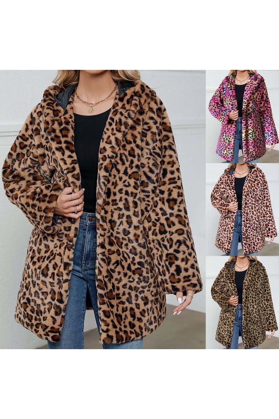 Womens Winter Coats Faux Fur Jacket Thick Warm Long Sleeve Open Front Cardigan Leopard Print Furry Long Coat Jacket Solid Turn Down Collar Outerwear Brown