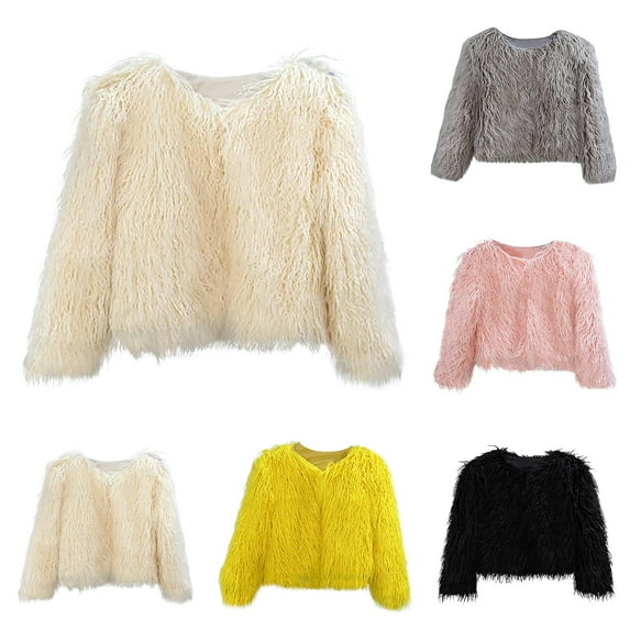 Lovskoo 2024 Womens Winter Coats Faux Fur Jacket Thick Warm Open Front Cardigan Solid Color Long Sleeve Cropped Coat Faux Tops White