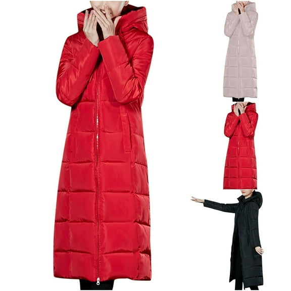 Lovskoo 2024 Womens Winter Coats Quilted Jacket Keep Warm Cotton Padded Long Sleeve Long Hooded Coat Black