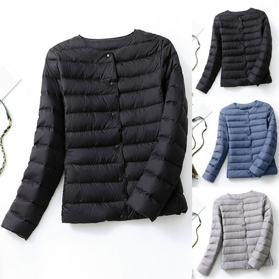 Lovskoo 2024 Womens Winter Coats Quilted Jacket Lightweight Round Neck Comfortable Long Sleeve Coat Cotton Padded Outerwear Blue