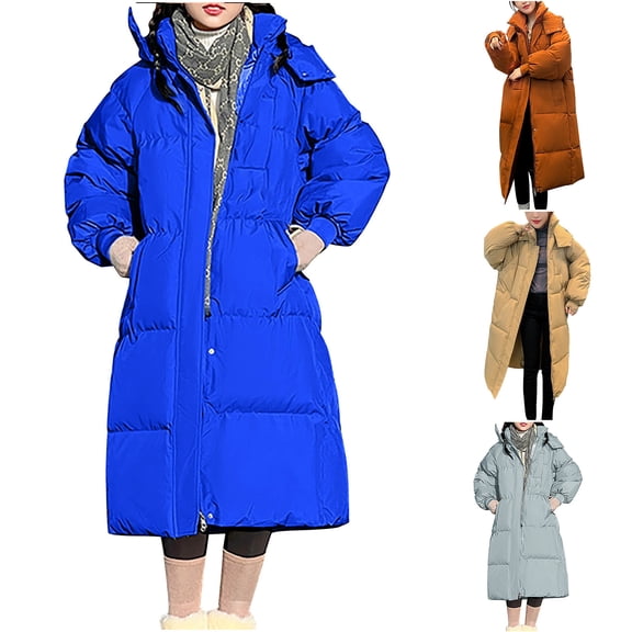 Lovskoo 2024 Womens Winter Coats Quilted Jacket Long Hooded Long Sleeve Thick Loose Cotton Padded Jacket Brown