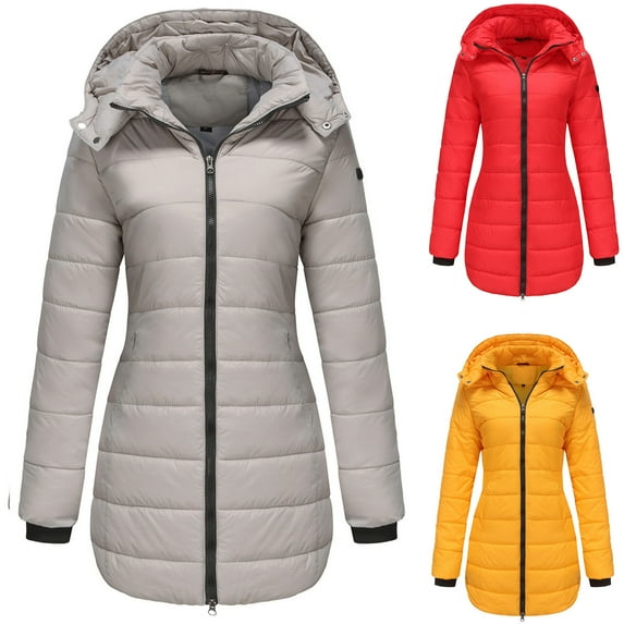 Lovskoo 2024 Womens Winter Coats Quilted Jacket Long Sleeve Casual Medium Length Slimming and Warm Solid Color Hooded Cotton Padded Jacket Blouse Tops Gray