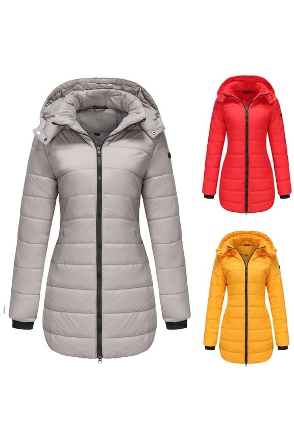 Womens Winter Coats Quilted Jacket Long Sleeve Casual Medium Length Slimming and Warm Solid Color Hooded Cotton Padded Jacket Blouse Tops Red