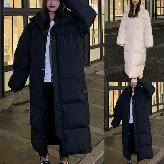 Lovskoo 2024 Womens Winter Coats Quilted Jacket Long Sleeve Cotton Padded Coat Long Knee Length Loose Thickened Warm Hooded Coat Black