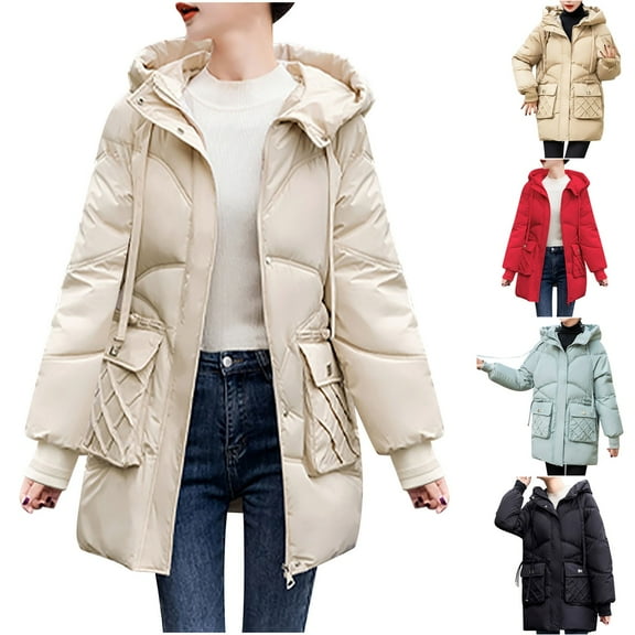 Lovskoo 2024 Womens Winter Coats Quilted Jacket Long Sleeve Cotton Padded Jacket with Hood Thick Plush Warm Outerwear Coat Red