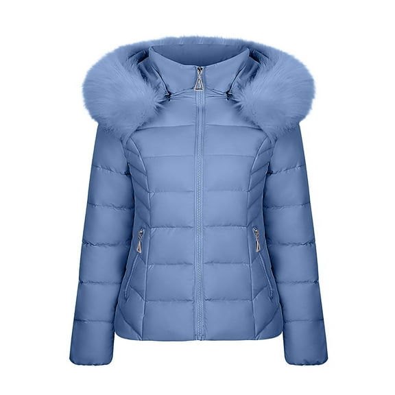 Lovskoo 2024 Womens Winter Coats Quilted Jacket Long Sleeve Cotton Padded Jacket with Hood Thick Warm Fleece Outerwear Blue