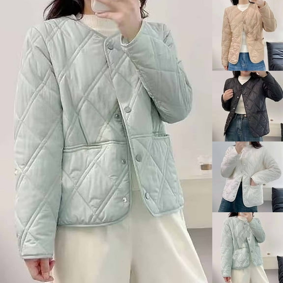 Lovskoo 2024 Womens Winter Coats Quilted Jacket Long Sleeve Diamond Plaid Round Neck Single Breasted Lightweight Warm Cotton Padded Jacket Black