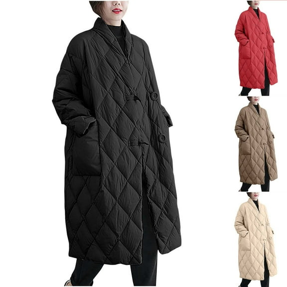 Lovskoo 2024 Womens Winter Coats Quilted Jacket Long Sleeve Large Loose Stand Collar Solid Medium Long Pocket Lightweight Cotton Padded Coat Beige