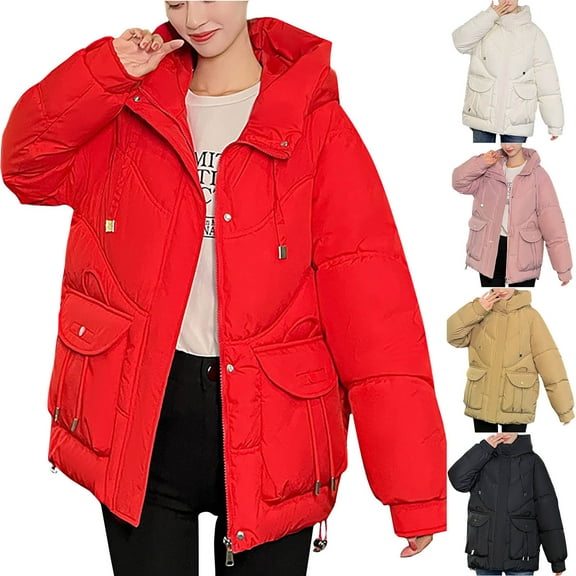 Lovskoo 2024 Womens Winter Coats Quilted Jacket Long Sleeve Large Pocket Cotton Padded Hooded Jacket Thickened Warm Loose Slim Oversized Jacket Pink