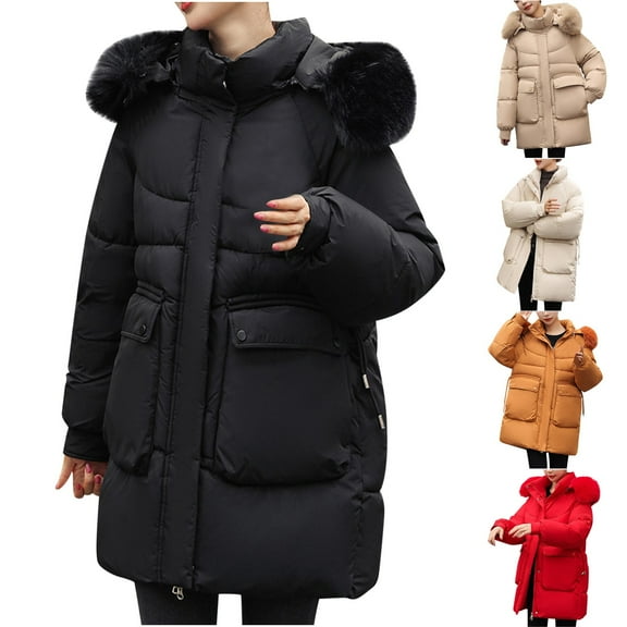 Lovskoo 2024 Womens Winter Coats Quilted Jacket Long Sleeve Overcomes Hooded Cotton Padded Coat Outerwear Red