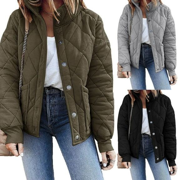 Lovskoo 2024 Womens Winter Coats Quilted Jacket Long Sleeve Solid Color Casual Stand Collar Cardigan Cotton Jacket Outerwear Padded Coat Gray