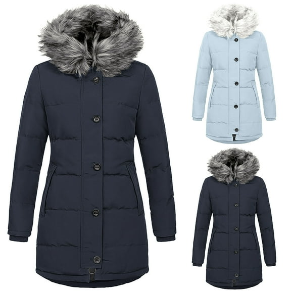 Lovskoo 2024 Womens Winter Coats Quilted Jacket Long Sleeve Solid Hooded Faux Fur Cardigan Outerwear Padded Coat Light Blue
