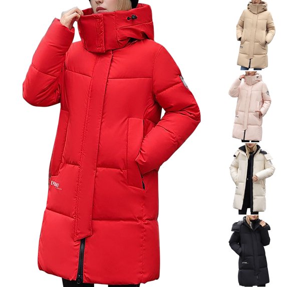 Lovskoo 2024 Womens Winter Coats Quilted Jacket Zipper Long Sleeve Hooded Cotton Padded Jacket Red
