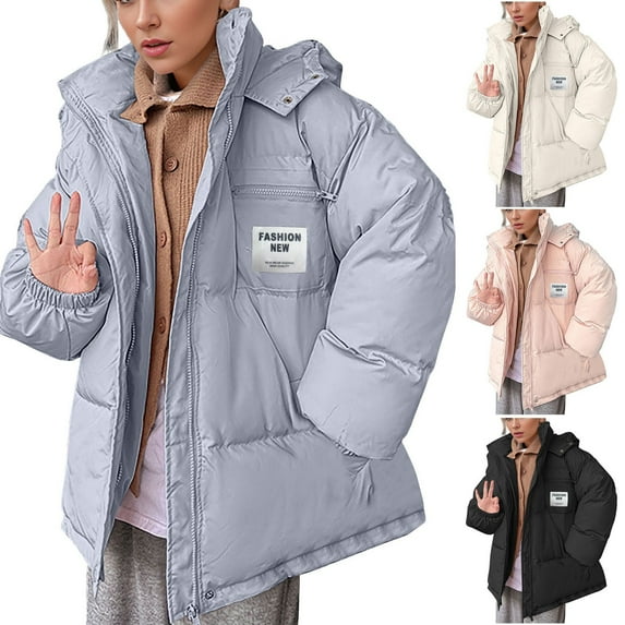 Lovskoo 2024 Womens Winter Coats Quilted Jacket Zipper Long Sleeve Hooded Cotton Padded Jacket White