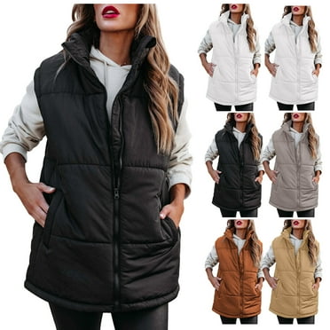 Lovskoo 2024 Womens Winter Coats Quilted Puffer Vest Sleeveless Solid Color Cotton Padded Cardigan Coat Zipper Top Stand Collar Casual Coat Jacket Beige