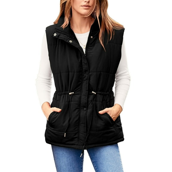 Lovskoo 2024 Womens Winter Coats Quilted Puffer Vest Sleeveless Solid Color Cotton Padded Cardigan Coat Zipper Top Stand Collar Casual Coat Jacket Black