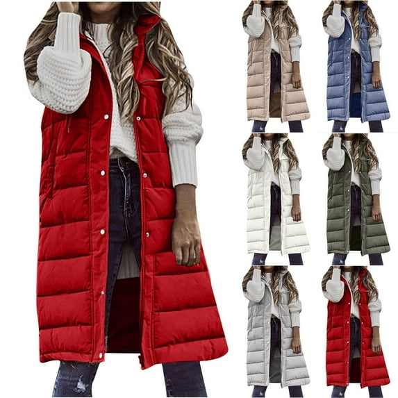 Lovskoo 2024 Womens Winter Coats Quilted Puffer Vest Solid Color Hooded Single-Breasted Mid-Length Sleeveless Pocket Padded Jacket Gray