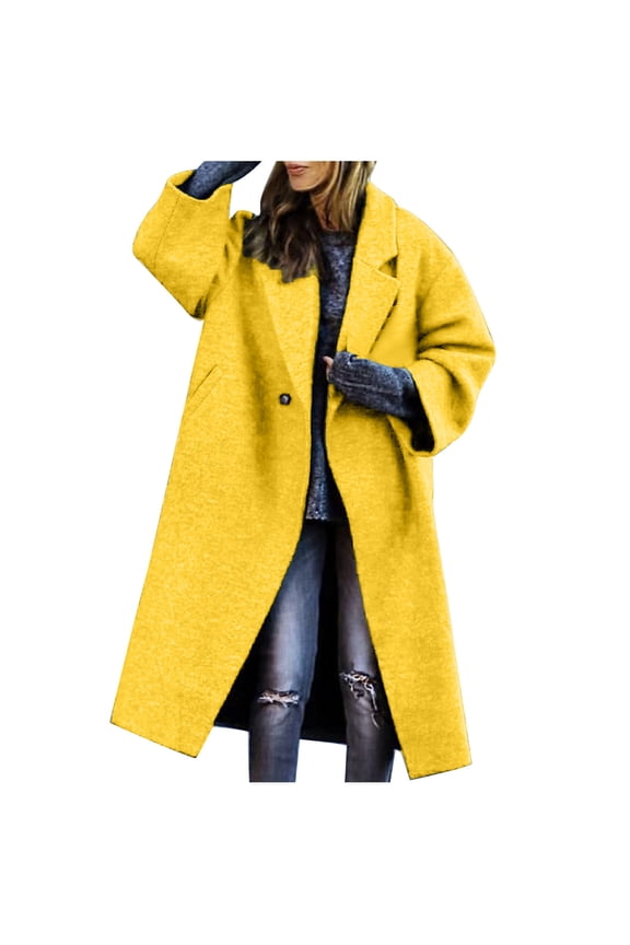 Womens Winter Coats Single Breasted Pea Coat Fall Straight Cardigan Button Pocket Coat Trench Coat Overcoat Yellow