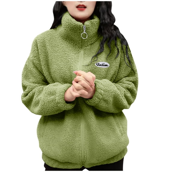 Lovskoo 2024 Womens Winter Coats Stand Collar Fuzzy Fleece Quilted Jacket Thick Warm Solid Color Long Sleeve Casual Outwear & Jackets Cotton Padded Outerwear Green