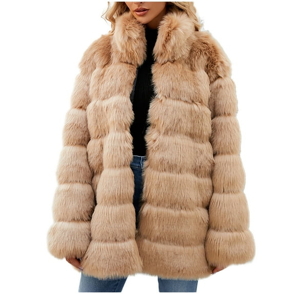 Lovskoo 2024 Womens Winter Warm Lapel Faux Fur Fuzzy Coat Jacket Overcoat Topcoat Outerwear Khaki